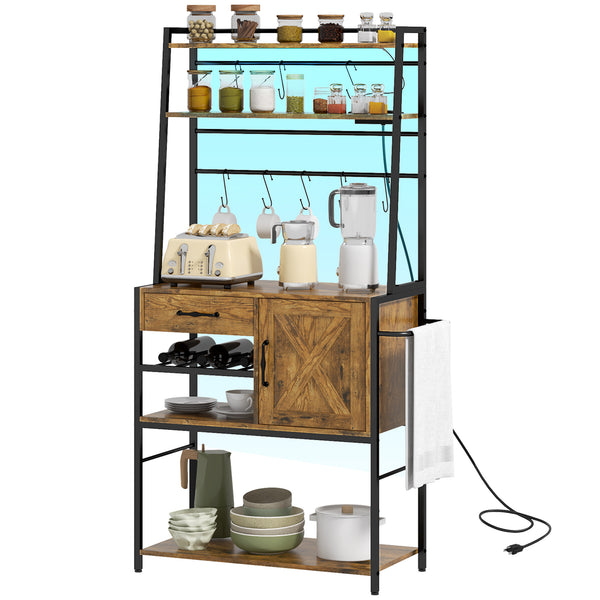 Homcom 48" Kitchen Shelves With Charging Station LED Lights & Barn Door Storage Rack Rustic Brown