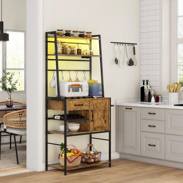 Homcom 48" Kitchen Shelves With Charging Station LED Lights & Barn Door Storage Rack Rustic Brown