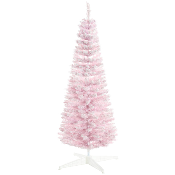 Homcom 5' Decorated Snow Flocked Artificial Christmas Tree Pencil Shape Realistic Branches Pink