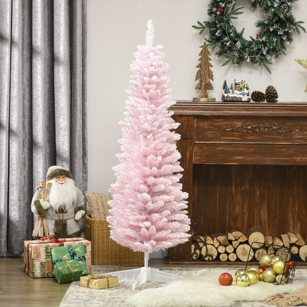 Homcom 5' Decorated Snow Flocked Artificial Christmas Tree Pencil Shape Realistic Branches Pink