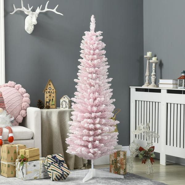 Homcom 5' Decorated Snow Flocked Artificial Christmas Tree Pencil Shape Realistic Branches Pink