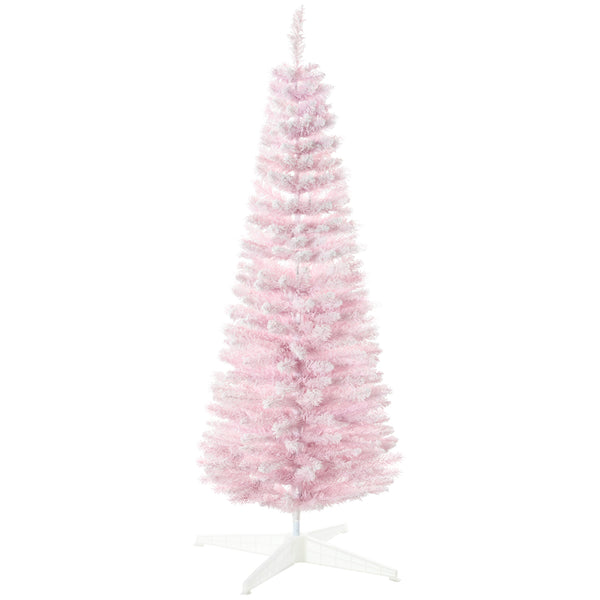 homcom 5' Decorated Snow Flocked Artificial Christmas Tree Pencil Shape Realistic Branches Pink