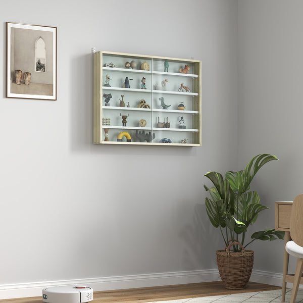 Homcom 5-Tier Display Cabinet Wall-Mounted Cabinet With Glass Door & Adjustable Shelves Oak