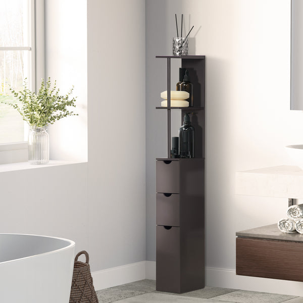 Homcom 54" Tall Bathroom Storage Cabinet Freestanding Linen Tower W/ 2 Tier Shelf & Drawers Brown