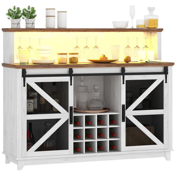 Homcom 55" Coffee Bar Cabinet With Lights Farmhouse Wine Cabinet With Glass Racks White