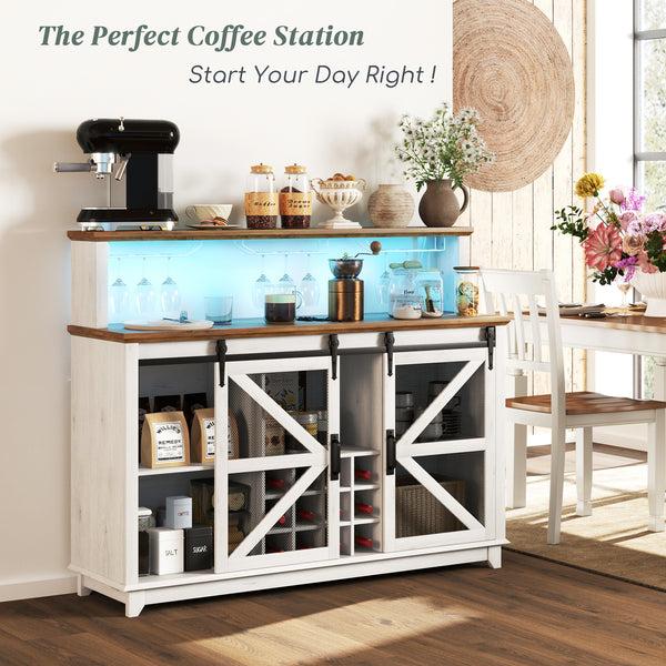 Homcom 55" Coffee Bar Cabinet With Lights Farmhouse Wine Cabinet With Glass Racks White