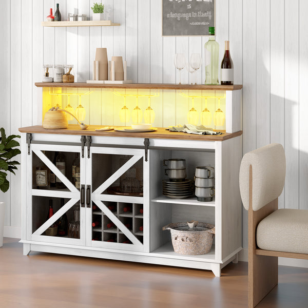 Homcom 55" Coffee Bar Cabinet With Lights Farmhouse Wine Cabinet With Glass Racks White
