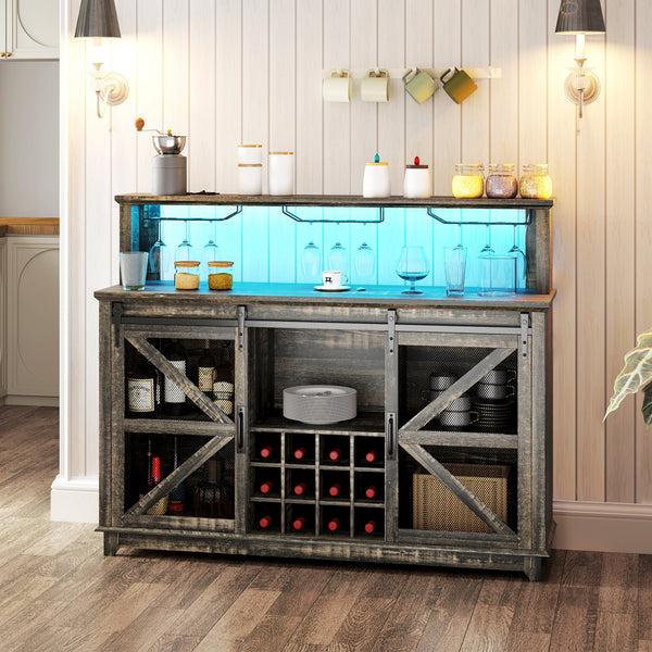 Homcom 55" Coffee Bar Cabinet With Lights Farmhouse Wine Cabinet With Glass Racks Dark Brown