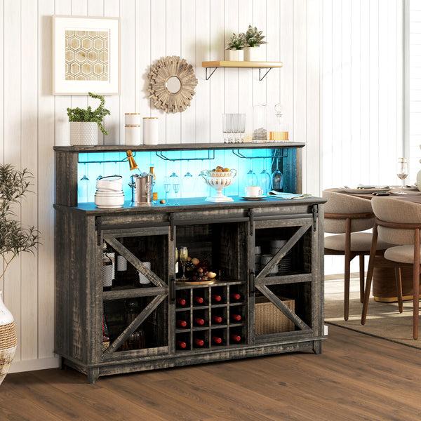 Homcom 55" Coffee Bar Cabinet With Lights Farmhouse Wine Cabinet With Glass Racks Dark Brown