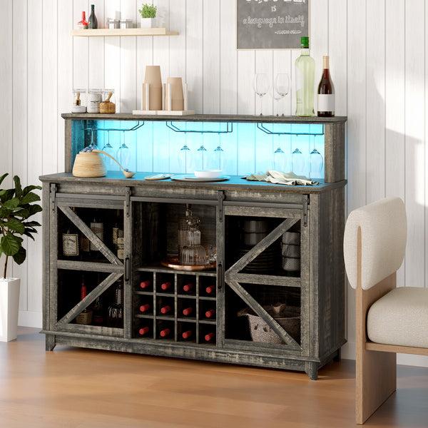 Homcom 55" Coffee Bar Cabinet With Lights Farmhouse Wine Cabinet With Glass Racks Dark Brown