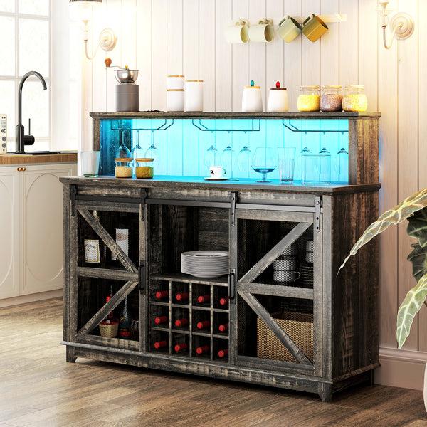 homcom 55" Coffee Bar Cabinet with Lights Farmhouse Wine Cabinet with Glass Racks Dark Brown