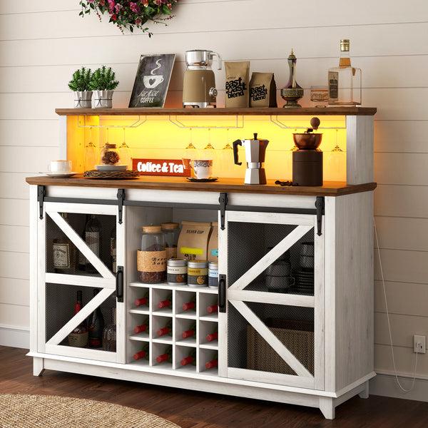 homcom 55" Coffee Bar Cabinet with Lights Farmhouse Wine Cabinet with Glass Racks White