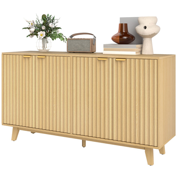 Homcom 55" Fluted Buffet Cabinet W/ Storage 4 Doors 2 Adjustable Shelves & Wood Legs Nature Wood