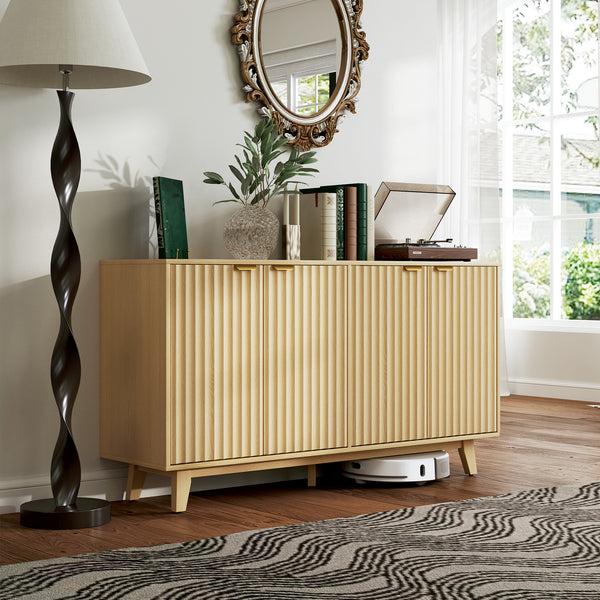 Homcom 55" Fluted Buffet Cabinet W/ Storage 4 Doors 2 Adjustable Shelves & Wood Legs Nature Wood