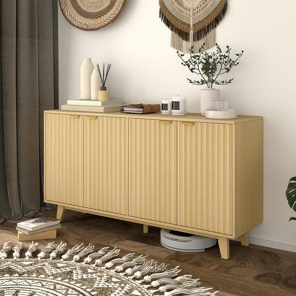 Homcom 55" Fluted Buffet Cabinet W/ Storage 4 Doors 2 Adjustable Shelves & Wood Legs Nature Wood
