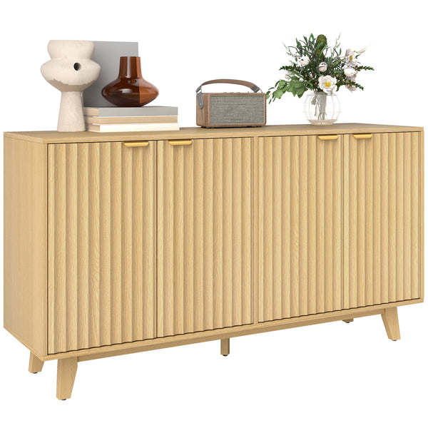 homcom 55" Fluted Buffet Cabinet w/ Storage 4 Doors 2 Adjustable Shelves & Wood Legs Nature Wood
