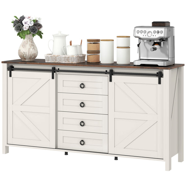 Homcom 60" Sideboard Buffet Cabinet W/ 2 Barn Doors 4 Drawers & 2 Adjustable Shelves Cream White