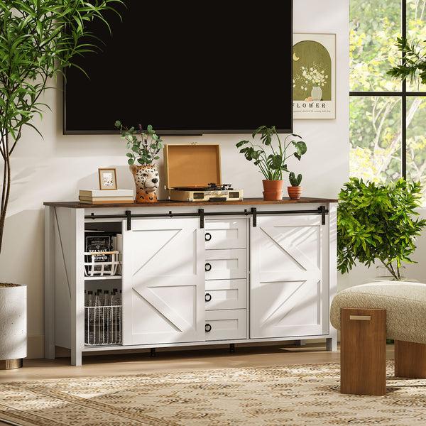 Homcom 60" Sideboard Buffet Cabinet W/ 2 Barn Doors 4 Drawers & 2 Adjustable Shelves Cream White