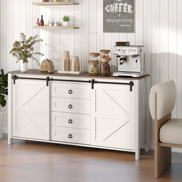 Homcom 60" Sideboard Buffet Cabinet W/ 2 Barn Doors 4 Drawers & 2 Adjustable Shelves Cream White