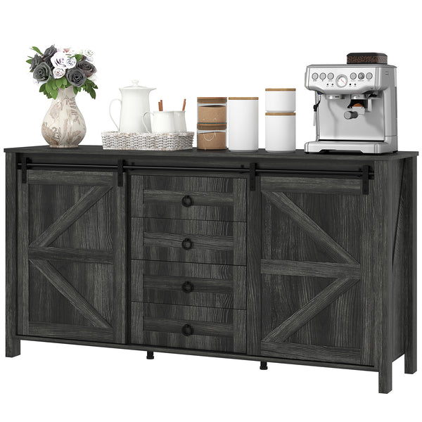 Homcom 60" Sideboard Buffet Cabinet W/ 2 Barn Doors 4 Drawers & 2 Adjustable Shelves Dark Grey