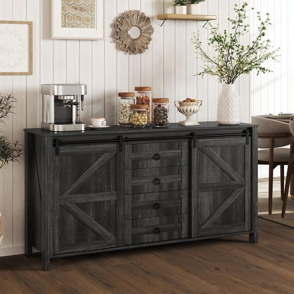 Homcom 60" Sideboard Buffet Cabinet W/ 2 Barn Doors 4 Drawers & 2 Adjustable Shelves Dark Grey