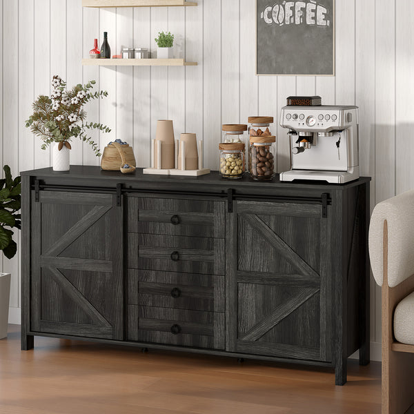 Homcom 60" Sideboard Buffet Cabinet W/ 2 Barn Doors 4 Drawers & 2 Adjustable Shelves Dark Grey