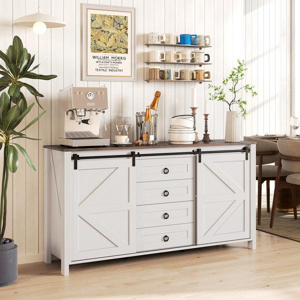 homcom 60" Sideboard Buffet Cabinet w/ 2 Barn Doors 4 Drawers & 2 Adjustable Shelves Cream White