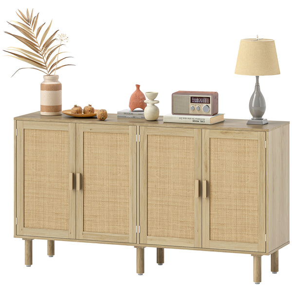 Homcom 62" Boho Sideboard Buffet Cabinet Rattan Coffee Bar Cabinet W/ 4 Doors & Shelves Natural