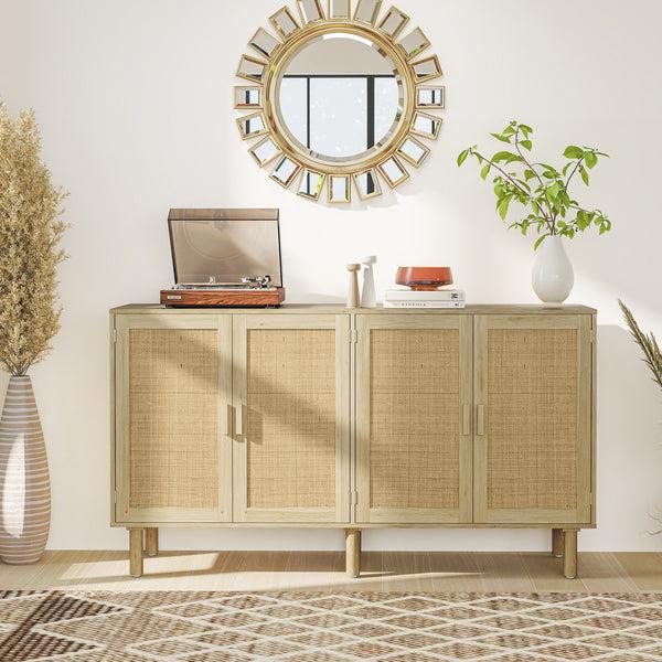 Homcom 62" Boho Sideboard Buffet Cabinet Rattan Coffee Bar Cabinet W/ 4 Doors & Shelves Natural