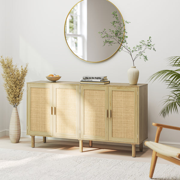 Homcom 62" Boho Sideboard Buffet Cabinet Rattan Coffee Bar Cabinet W/ 4 Doors & Shelves Natural