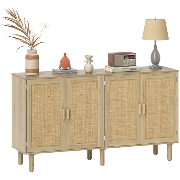 homcom 62" Boho Sideboard Buffet Cabinet Rattan Coffee Bar Cabinet w/ 4 Doors & Shelves Natural