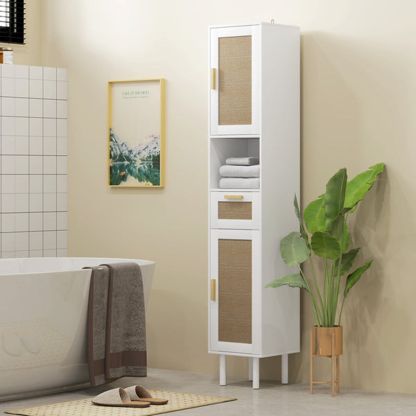Homcom 67" Tall Bathroom Storage Cabinet Freestanding Narrow Cabinet With Rattan Doors White