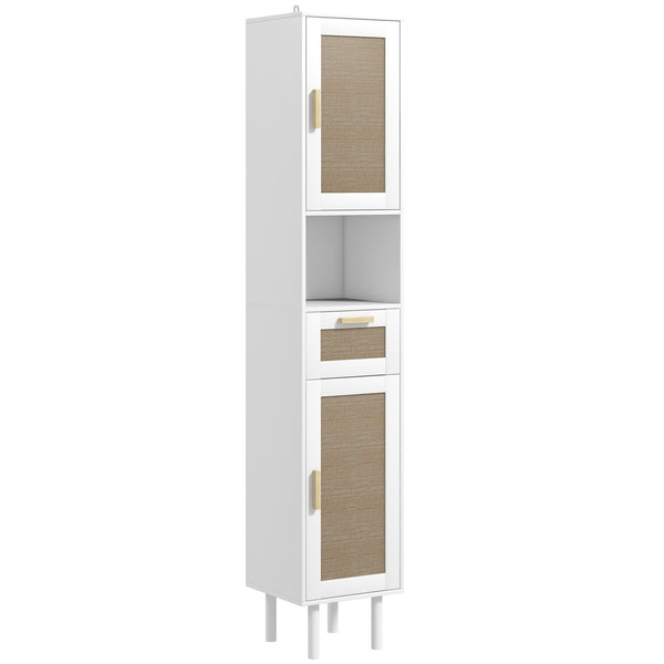 homcom 67" Tall Bathroom Storage Cabinet Freestanding Narrow Cabinet with Rattan Doors White