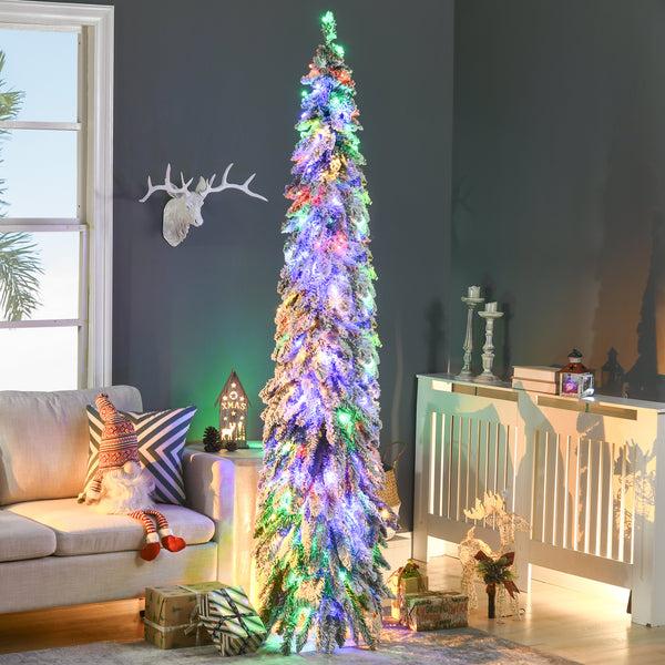 Homcom 7' Slim Frosted Christmas Trees W/ Warm White Or Colorful LED Lights Downswept Shape