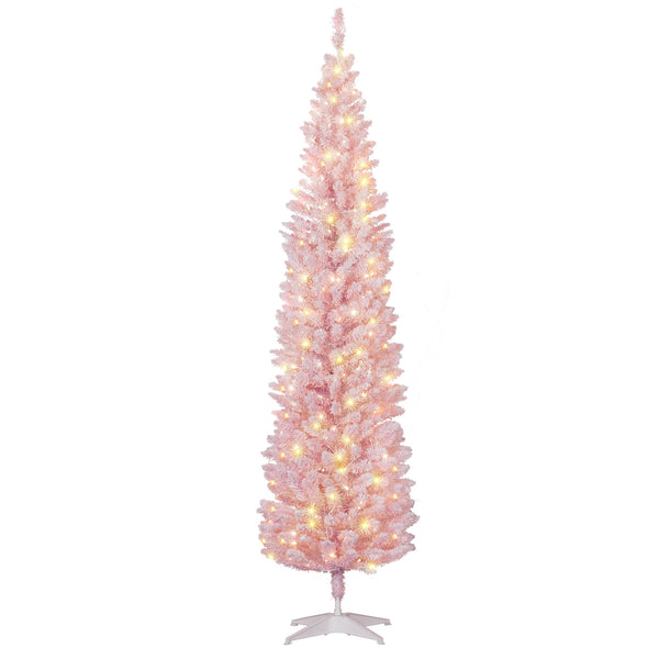 Homcom 7ft Slim Artificial Pencil Christmas Tree With Realistic Branches & Warm White LEDs Pink