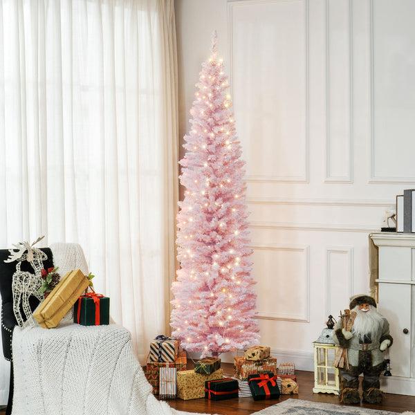Homcom 7ft Slim Artificial Pencil Christmas Tree With Realistic Branches & Warm White LEDs Pink