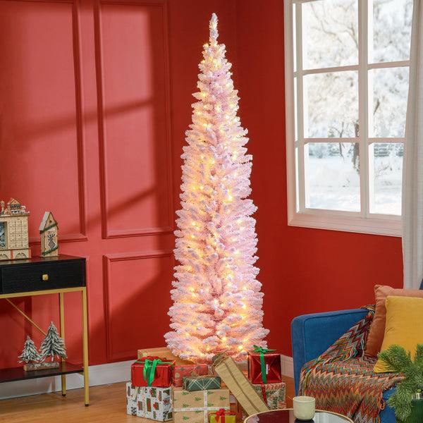 Homcom 7ft Slim Artificial Pencil Christmas Tree With Realistic Branches & Warm White LEDs Pink