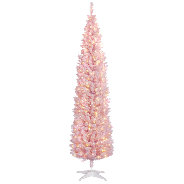 homcom 7ft Slim Artificial Pencil Christmas Tree with Realistic Branches & Warm White LEDs Pink