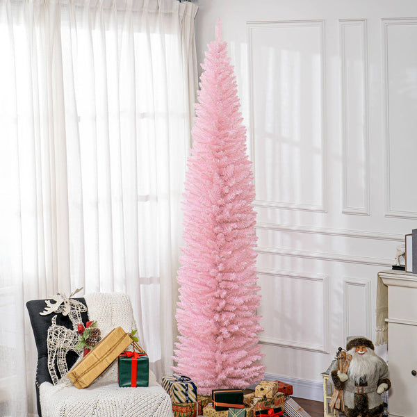Homcom 8ft Pencil Artificial Christmas Tree With Realistic Branches 618 Tips Plastic Base Pink