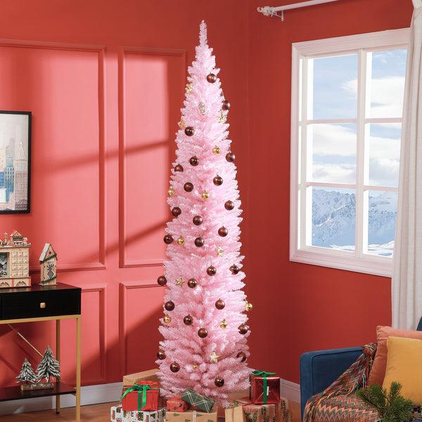 Homcom 8ft Pencil Artificial Christmas Tree With Realistic Branches 618 Tips Plastic Base Pink