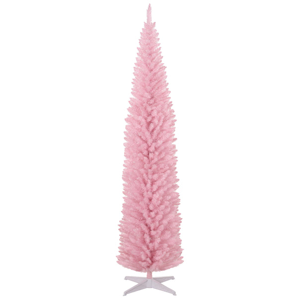 homcom 8ft Pencil Artificial Christmas Tree with Realistic Branches 618 Tips Plastic Base Pink