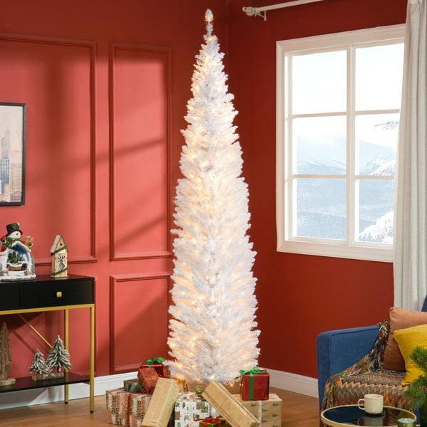 Homcom 8ft Slim Artificial Pencil Christmas Tree With Realistic Branches & Warm White LEDs White