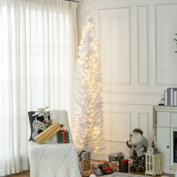 Homcom 8ft Slim Artificial Pencil Christmas Tree With Realistic Branches & Warm White LEDs White