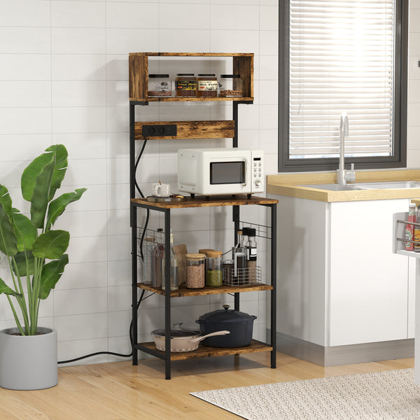 Homcom Baker's Rack With Power Outlet USB Charger Microwave Stand Brown
