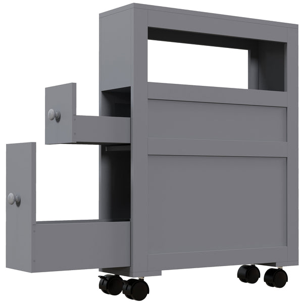 Homcom Bathroom Floor Organizer Narrow Storage Cabinet W/ Drawers & Rolling Wheels Gray