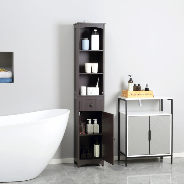 Homcom Bathroom Storage Cabinet Tall Linen Tower With 3 Tier Shelves And Drawer Brown