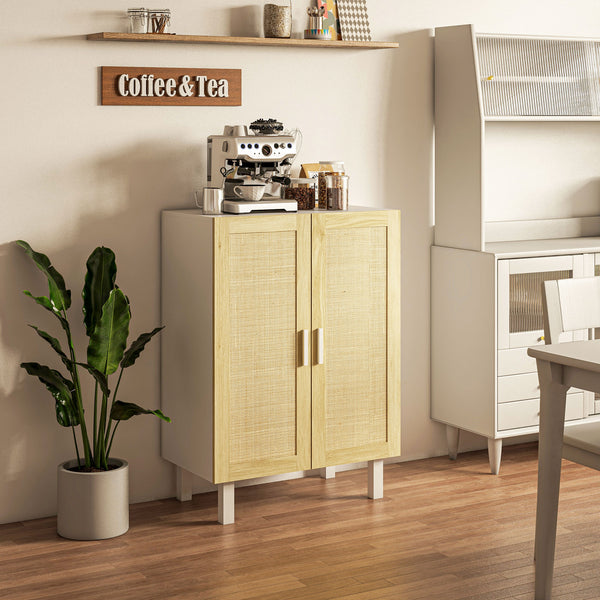 Homcom Boho Kitchen Buffet Cabinet W/ 2 Rattan Doors And Adjustable Shelves White & Natural