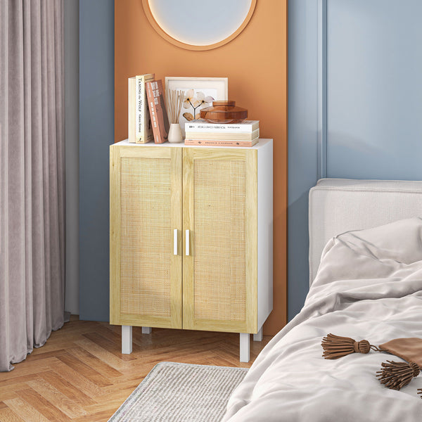 Homcom Boho Kitchen Buffet Cabinet W/ 2 Rattan Doors And Adjustable Shelves White & Natural