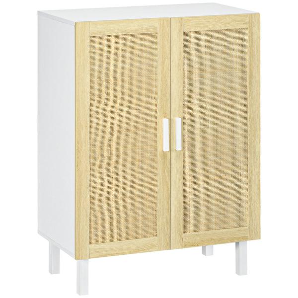 homcom Boho Kitchen Buffet Cabinet w/ 2 Rattan Doors and Adjustable Shelves White & Natural