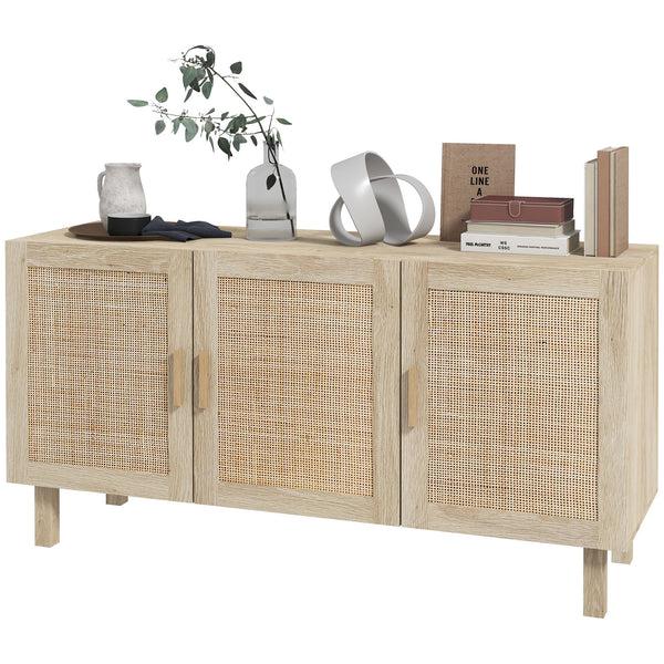 Homcom Boho Kitchen Buffet Cabinet With 3 Rattan Doors & Adjustable Shelves Natural